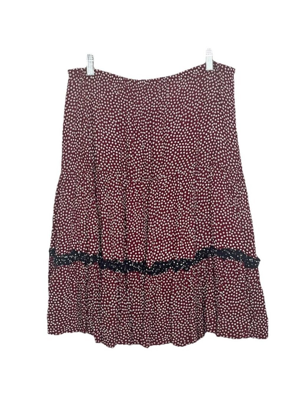 Marla Duran Rayon Tiered Ruffle Skirt Burgundy Polka Dot Lace Trim Sz L Boho